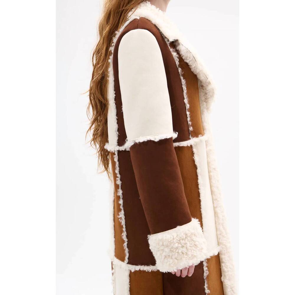 NEW AZALEA WANG telluride faux fur patchwork shearling coat in brown - Picture 3 of 3